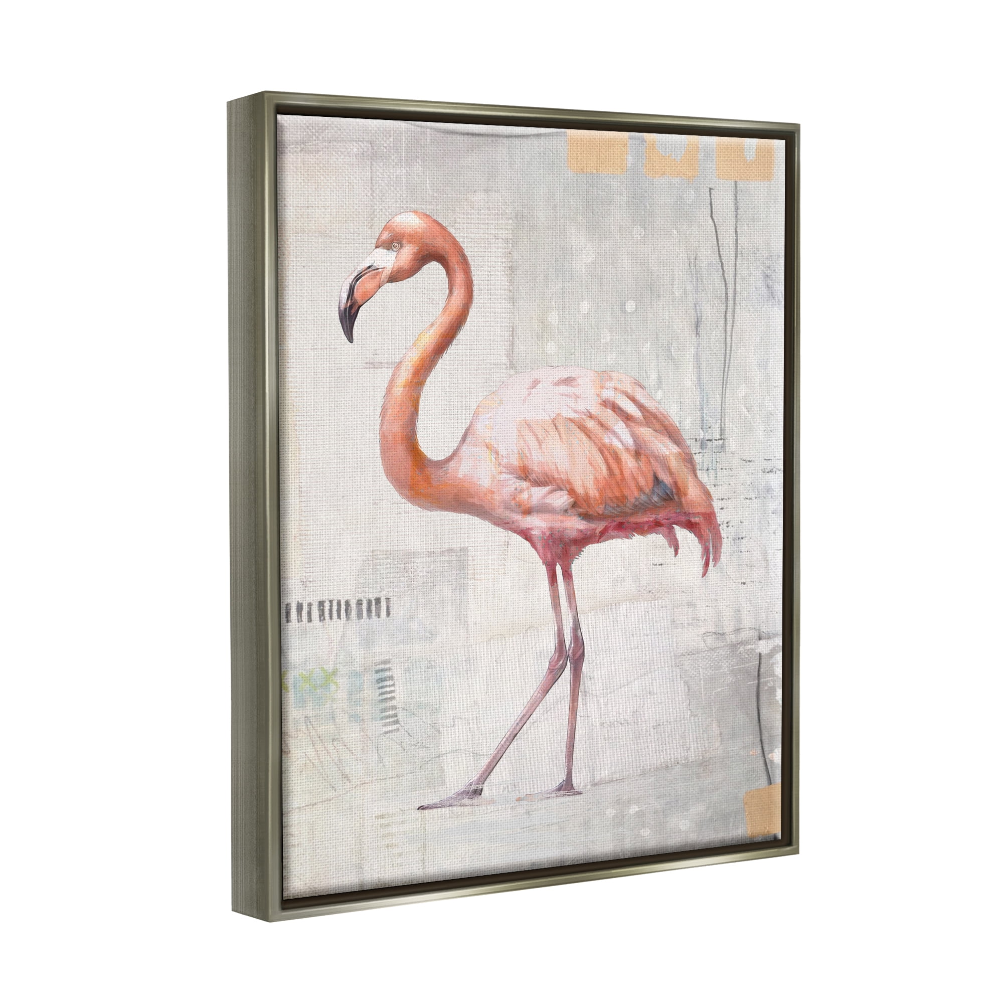 Stupell Industries Modern Flamingo Collage Animals & Insects Painting Gray Floater Framed Canvas Art Print Wall Art, 17 x 21