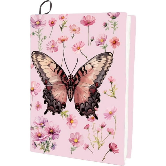 Butterfly Flower Stretchable Book Cover Washable Pink Reusable Nylon Cloth Elastic Covers Protector 9.4x15.7 Inch for Hardcover Paperbacks Book Lovers Gift Notebook Teacher Textbook