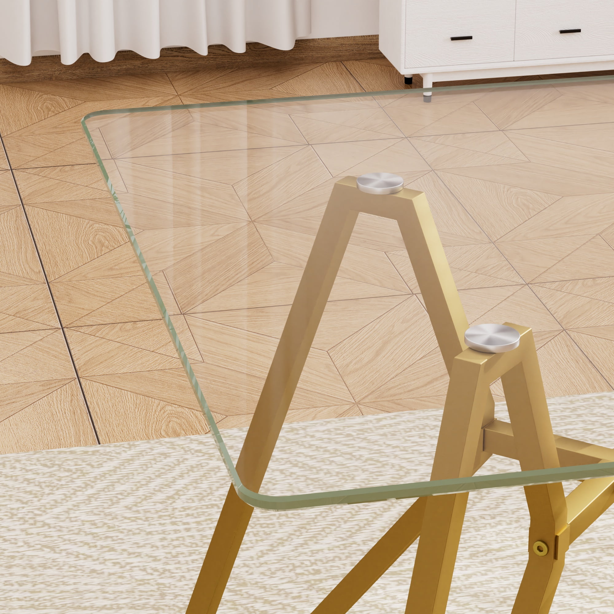 35" Square Dining Table for 4, Tempered Glass Kitchen Table, Paproos Dining Room Table, Dinner Table with Metal Legs for Kitchen, Dining Living Room, Transparent & Gold(Only Table)