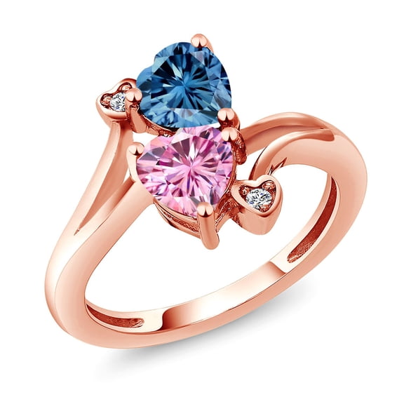 Gem Stone King 18K Rose Gold Plated Silver Persian Blue Moissanite Pink Moissanite and White Lab Grown Diamond Ring for Women (1.63 Cttw, Heart Shape 6MM, Gemstone Birthstone, Size 7)