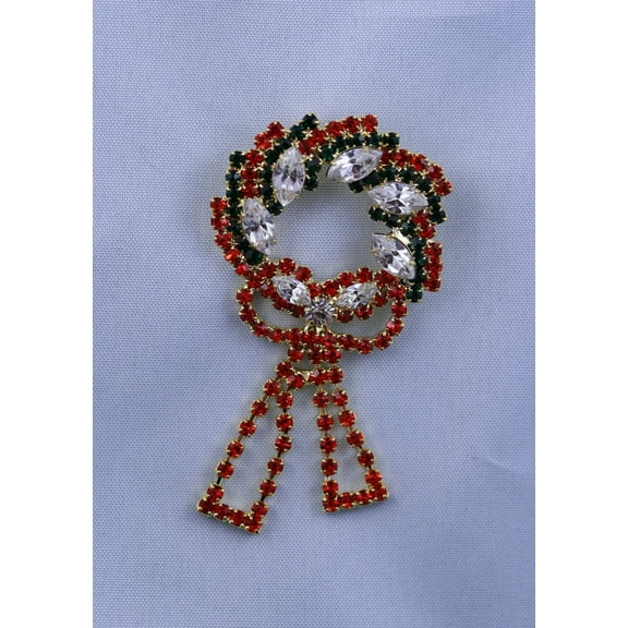 Vintage Christmas Wreath Rhinestone Pin Brooch, Christmas Holiday Jewelry