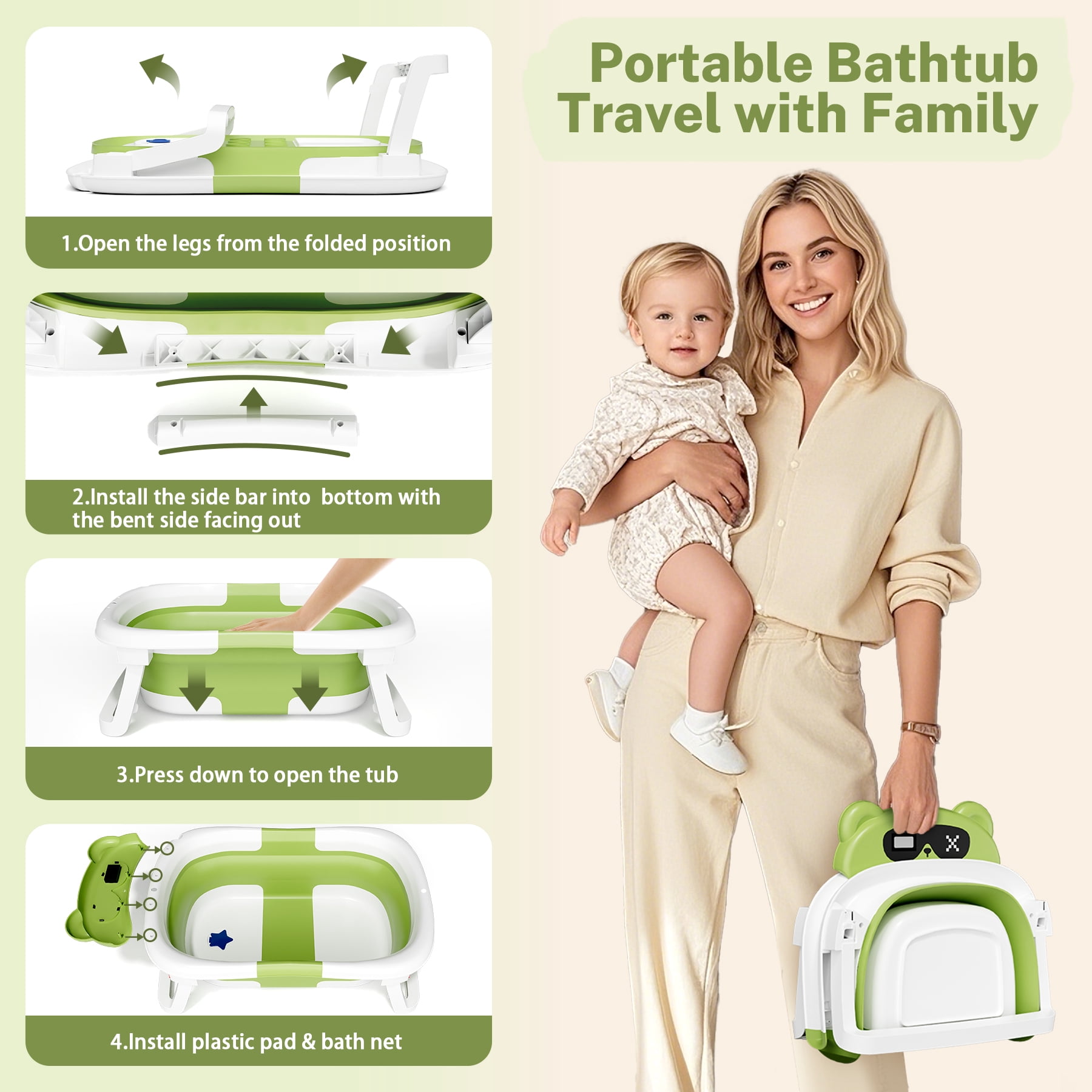 COOSEYA Baby Bathtub ,Collapsible Baby Bathtub , Bath Tub with Cushion and Thermometer ,Newborn to Toddler Portable Travel Multifunctional Bathing 0-2 Years (Bear/Green)
