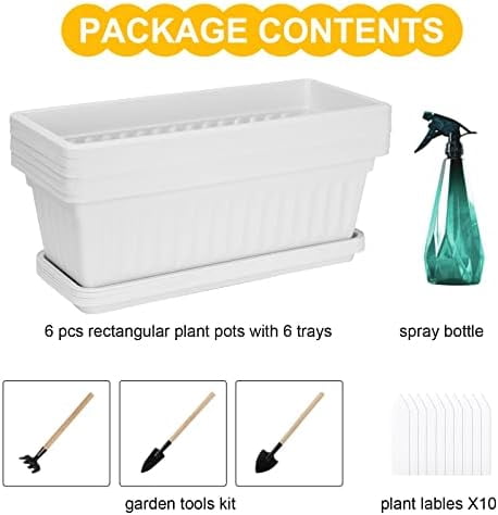 6 Packs Window Box Planter, 17 Inches Flower Window Box Rectangular Plastic Vegetable Planters with Trays for Windowsill, Patio, Garden, Balcony, Porch White