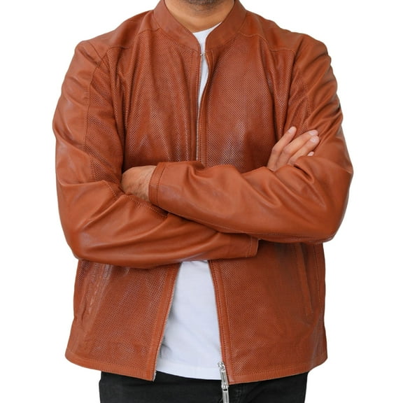Mens Brown Casual Lightweight 100% Lambskin Leather Motorcycle Jacket , Perforated Leather Jacket (Relax Fit, M Size)