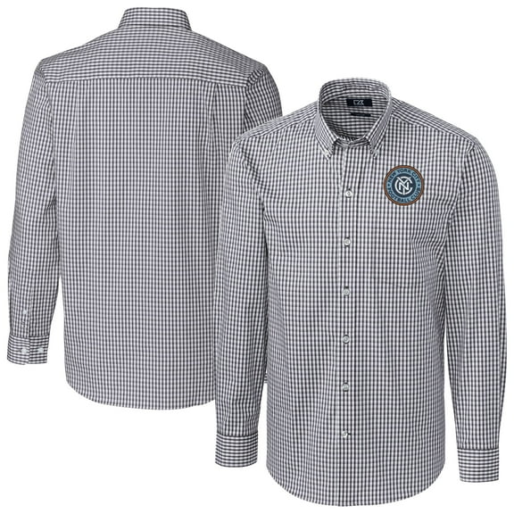 Men's Cutter & Buck Charcoal New York City FC Easy Care Stretch Gingham Long Sleeve Dress Shirt