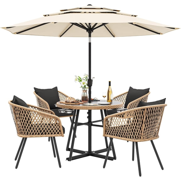 Dextrus 5-Piece Rattan Patio Dining Set, Cushions and Tempered Glass Table, Light Brown/Black