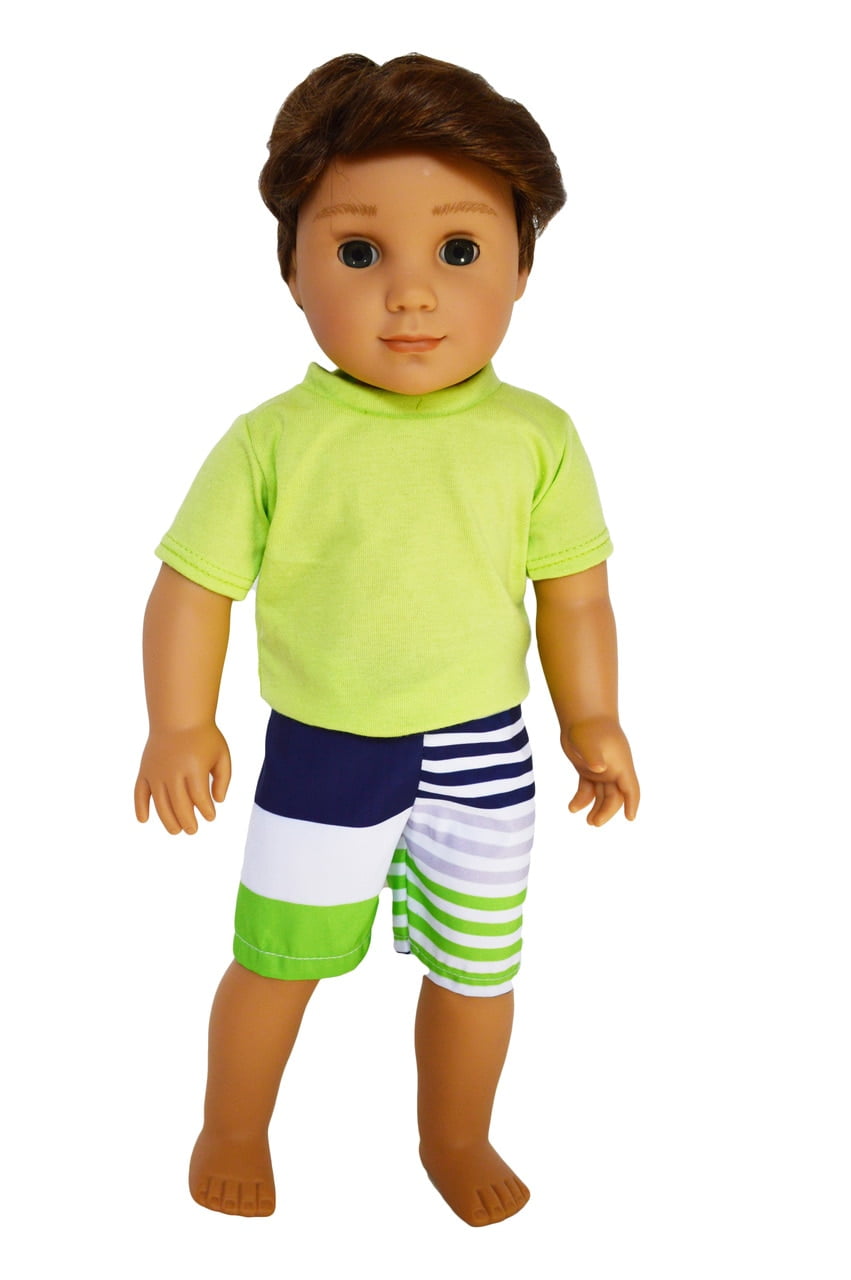 Plum and Aqua Shark Print Pink Shorts with Blue 18 Inch Boy Doll Clothes.