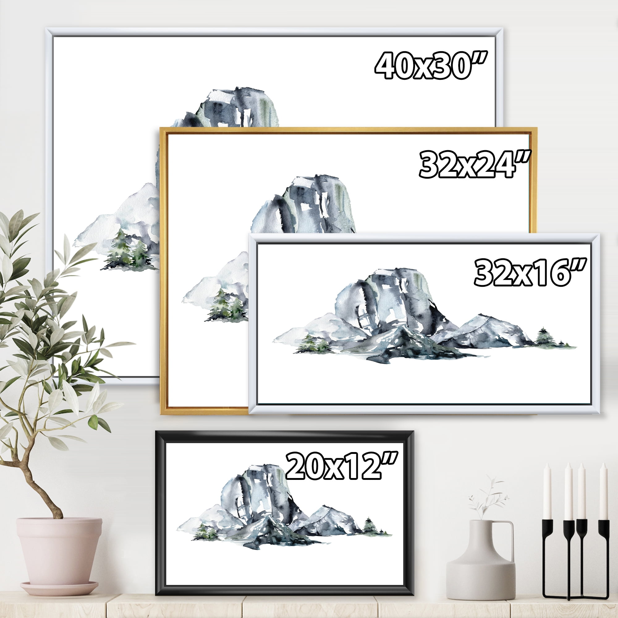 Designart 'Minimalistic Landscape of Forest and Mountains' Modern Framed Canvas Wall Art Print
