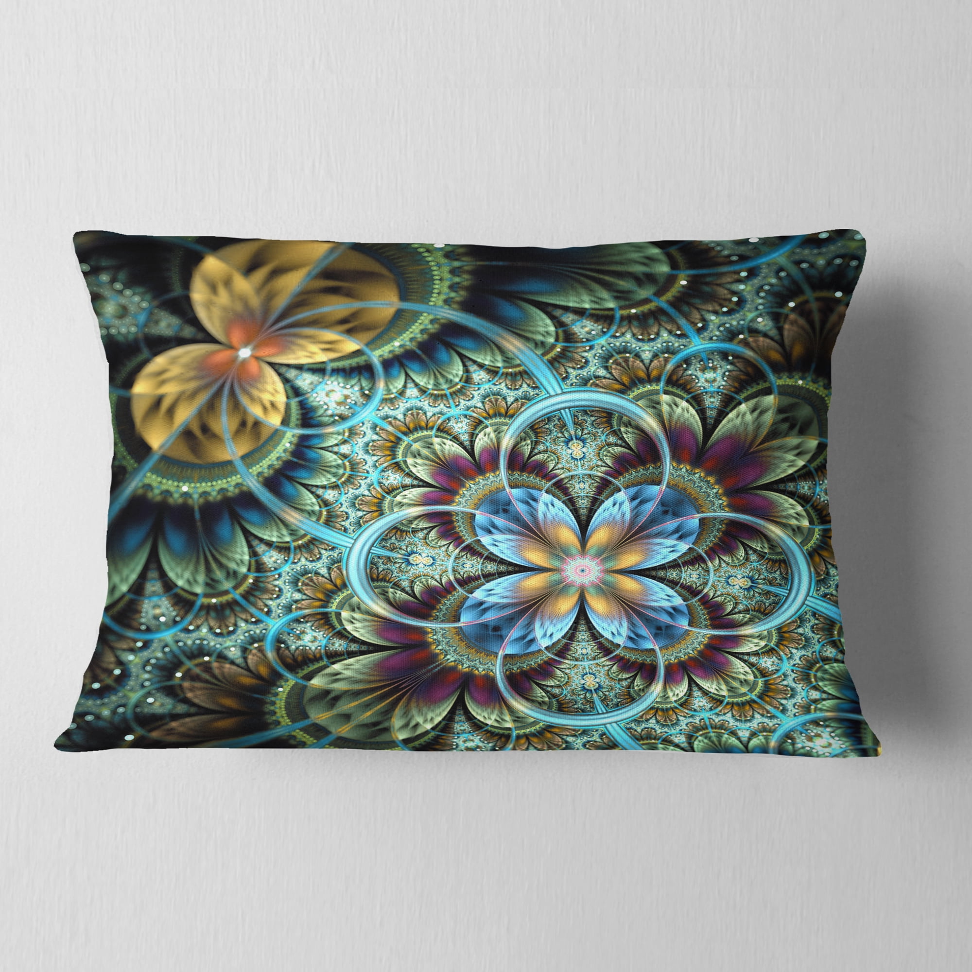 Designart Fractal Dark Orange Blue Flowers - Floral Throw Pillow - 12x20
