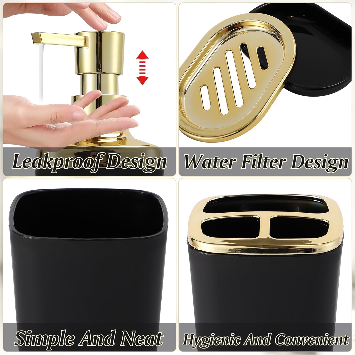 Black Bathroom Accessories 9 Piece Black and Gold Bathroom Set with Slim Trash Can,Soap Dispenser,Toilet Brush,Toothbrush Set, Qtip Holders for Housewarming