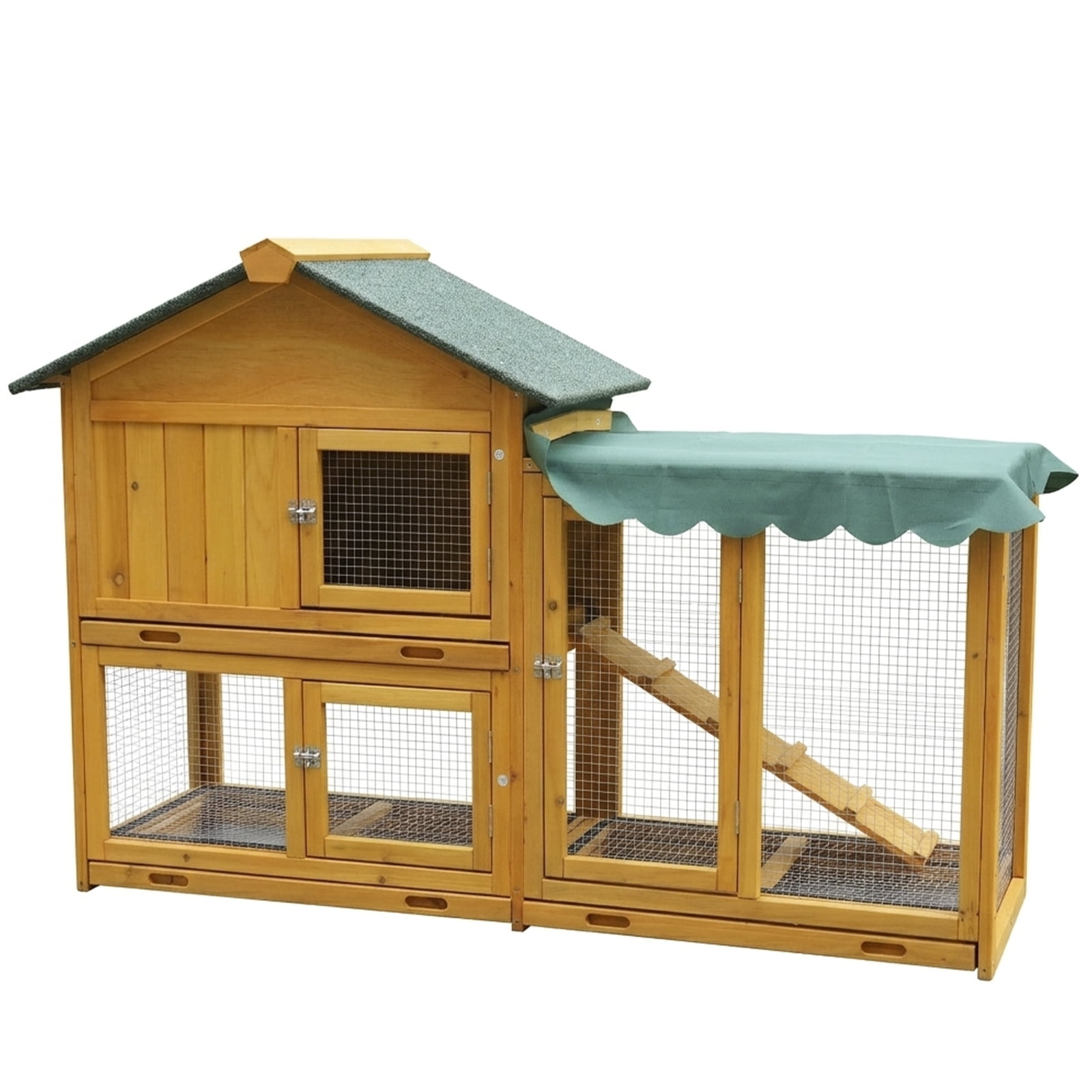 ECOBUY Large 2-Tier Solid Wood Rabbit Hutch with Run, Dark Yellow, 60.2 in L x 20.3 in W x 37.6 in H, Outdoor Indoor Small Animal Cage