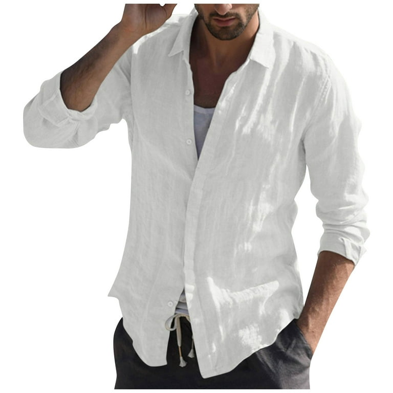 Dndkilg Mens Western Shirt Cotton Linen Button Down Long Sleeve Mens  Backless Top Dress Regular Fit Lightweight Beach Men Sport Shirts Clothes  White 2XL 
