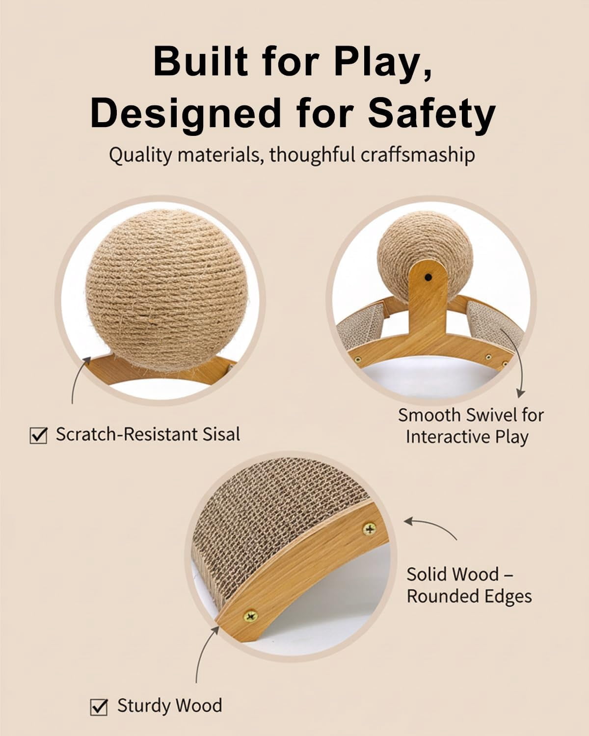 Cat Scratching Ball with Stand, 360° Rotating Sisal Ball Interactive Cat Scratcher, Arch Bridge Design Cat Scratching Post for Indoor Cats, Furniture Protector for Cats(L)