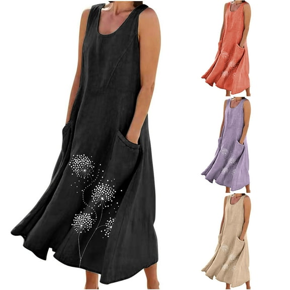 CHGBMOK Womens Sleeveless Maxi Dress Plus Size Flowy Summer Dresses Print Bohemian Dress for Beach with Pockets