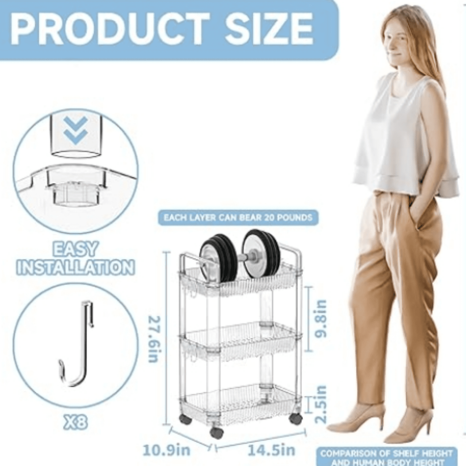 3 Tier Rolling Utility Cart with Wheels,Modern Bedside Cart for Baby Essentials,Nursery,Diaper Caddy,Baby Supplies,Rolling Storage Carts for Living Room,Bathroom,Kitchen,Book Cart