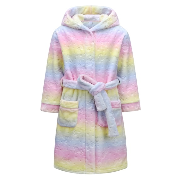 Kids Hooded Fleece Robe for Girls Soft Plush Bathrobe Warm Flannel Sleepwear with Belt Pockets Cute Cozy Housecoat for Toddler and Big Girls