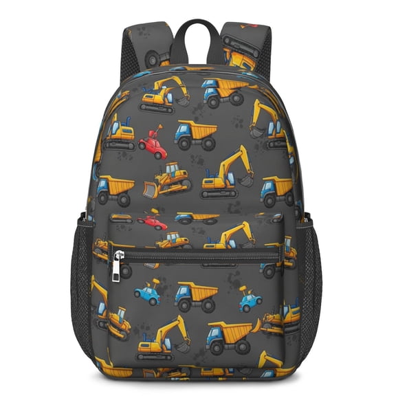 Excavator and Car Black Pattern 17" School Backpacks for Teens,Waterproof Oxford Fabric,S-Shape Padded Straps for School,Travel,Hiking,Camping