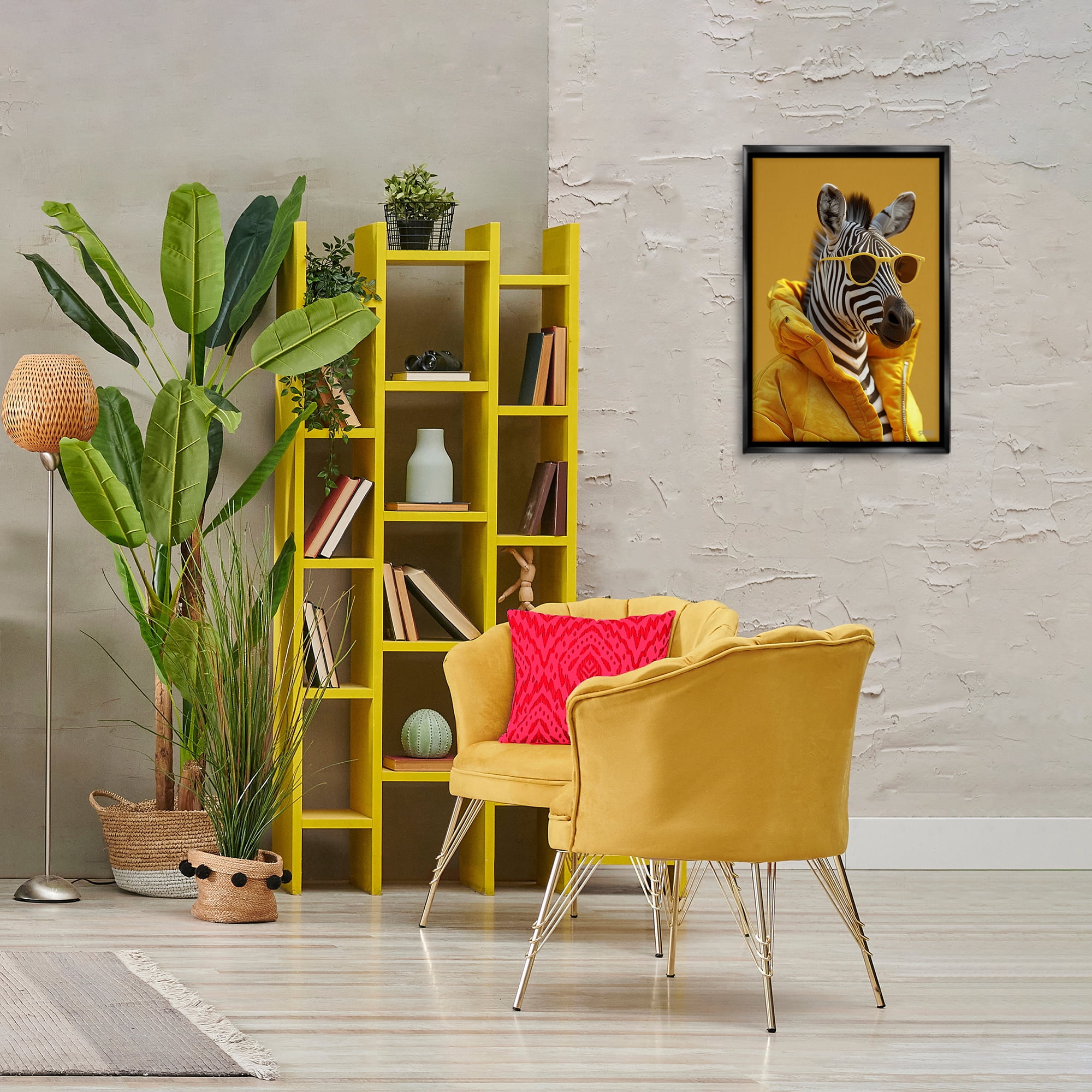 Stupell Industries Bold Zebra in Yellow Animals & Insects Painting Black Floater Framed Canvas Art Print Wall Art, 17 x 25
