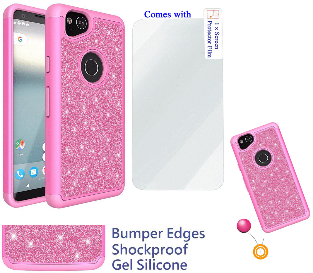 for 6" Google Pixel 2 XL pixel2xl Case Phone Case Glitter Shock proof Edge Scratch Shield Hybrid Layers Bumper Slim Cover & Screen Film Pink - image 1 of 4