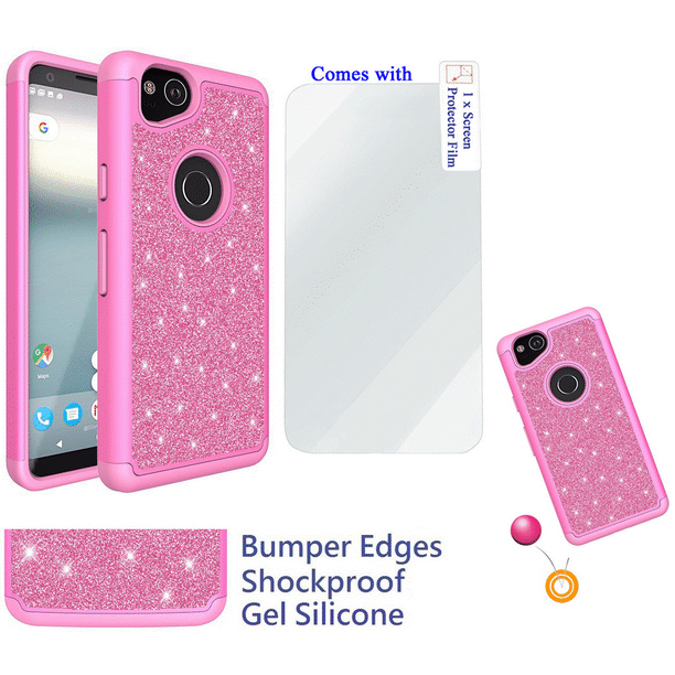for 6" Google Pixel 2 XL pixel2xl Case Phone Case Glitter Shock proof Edge Scratch Shield Hybrid Layers Bumper Slim Cover & Screen Film Pink