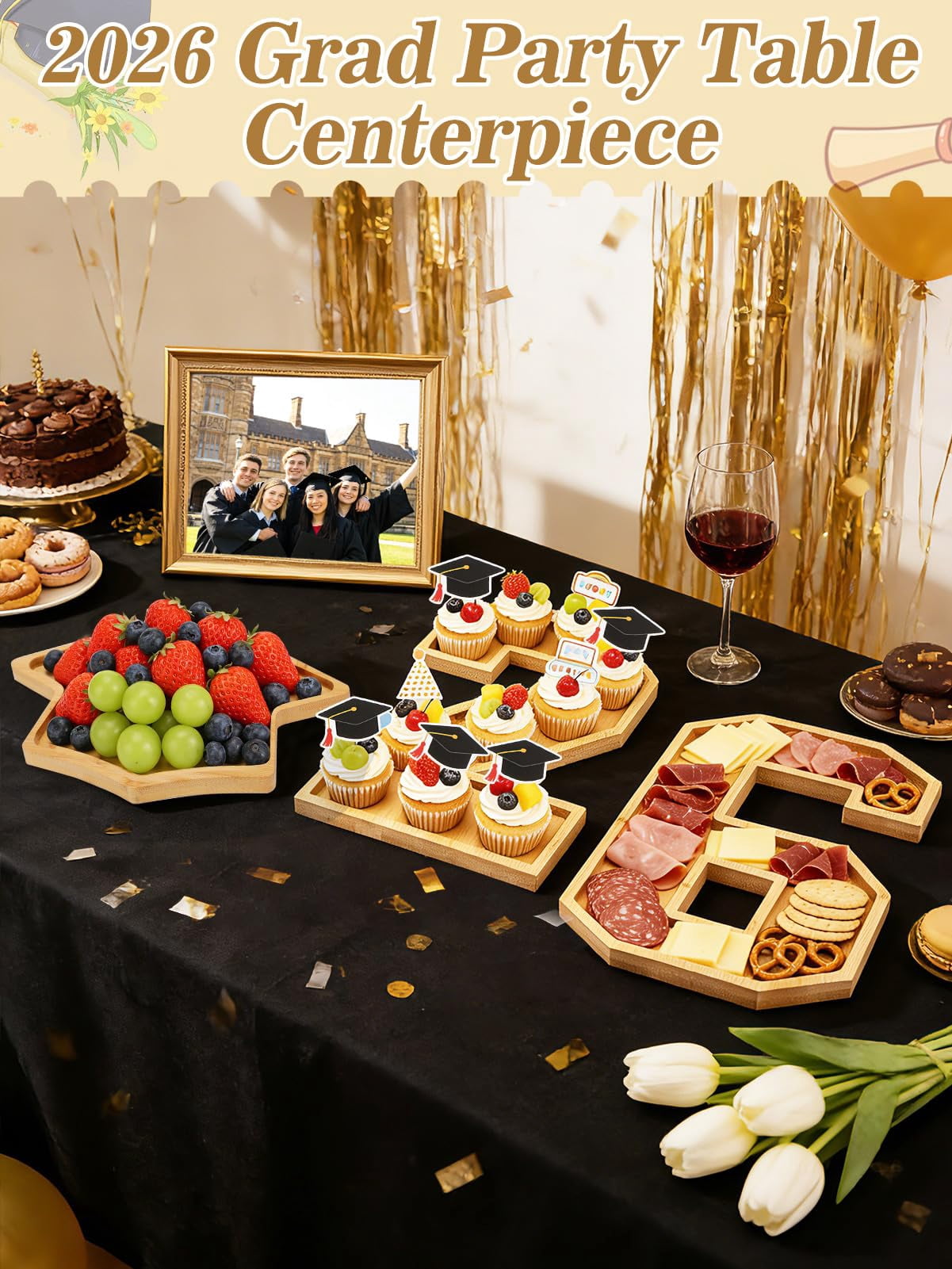 Bamboo 26 Graduation Numbers Charcuterie Fillable Board - Class of 2026 Reusable Food Serving Trays & Graduation Cap Platter, Grad Party Table Decor for Cupcakes, Cookies, Fruits