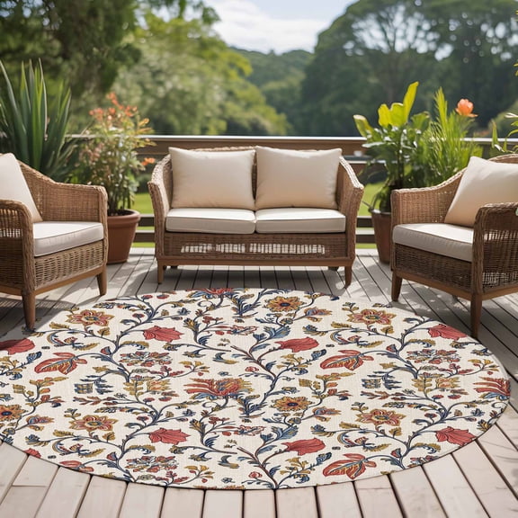 Vintage Flowers 6ft Round Rug for Living Room Under Coffee Table, Farmhouse Indian Floral Low Pile Washable Non Slip Circle Area Rug