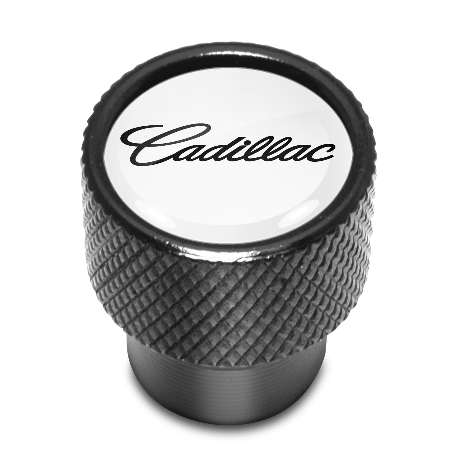 Cadillac Script Nameplate in White on Black Aluminum Tire Valve Stem Caps