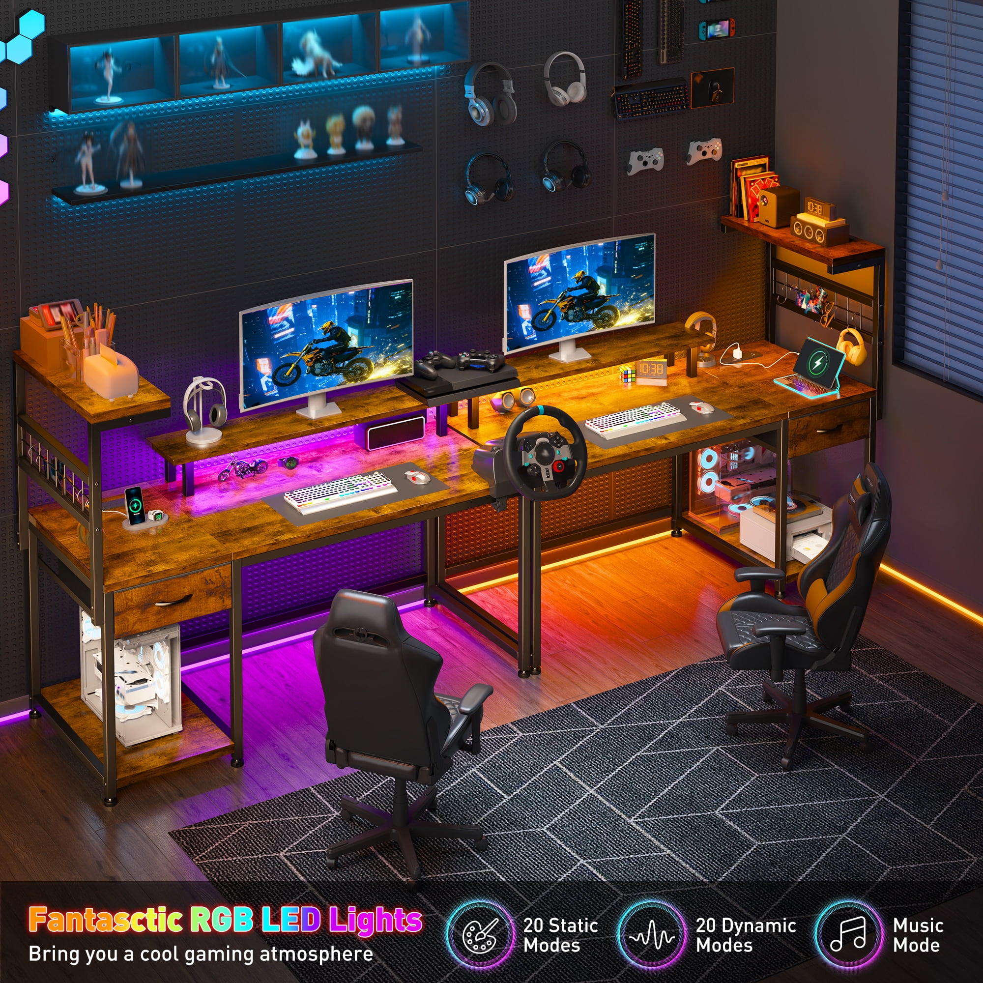 EnHomee 39.4" W Computer Desk with Power Outlets and LED Lights, Rustic Brown Gaming Desk with Drawers, Home Office Desk with Monitor Stand