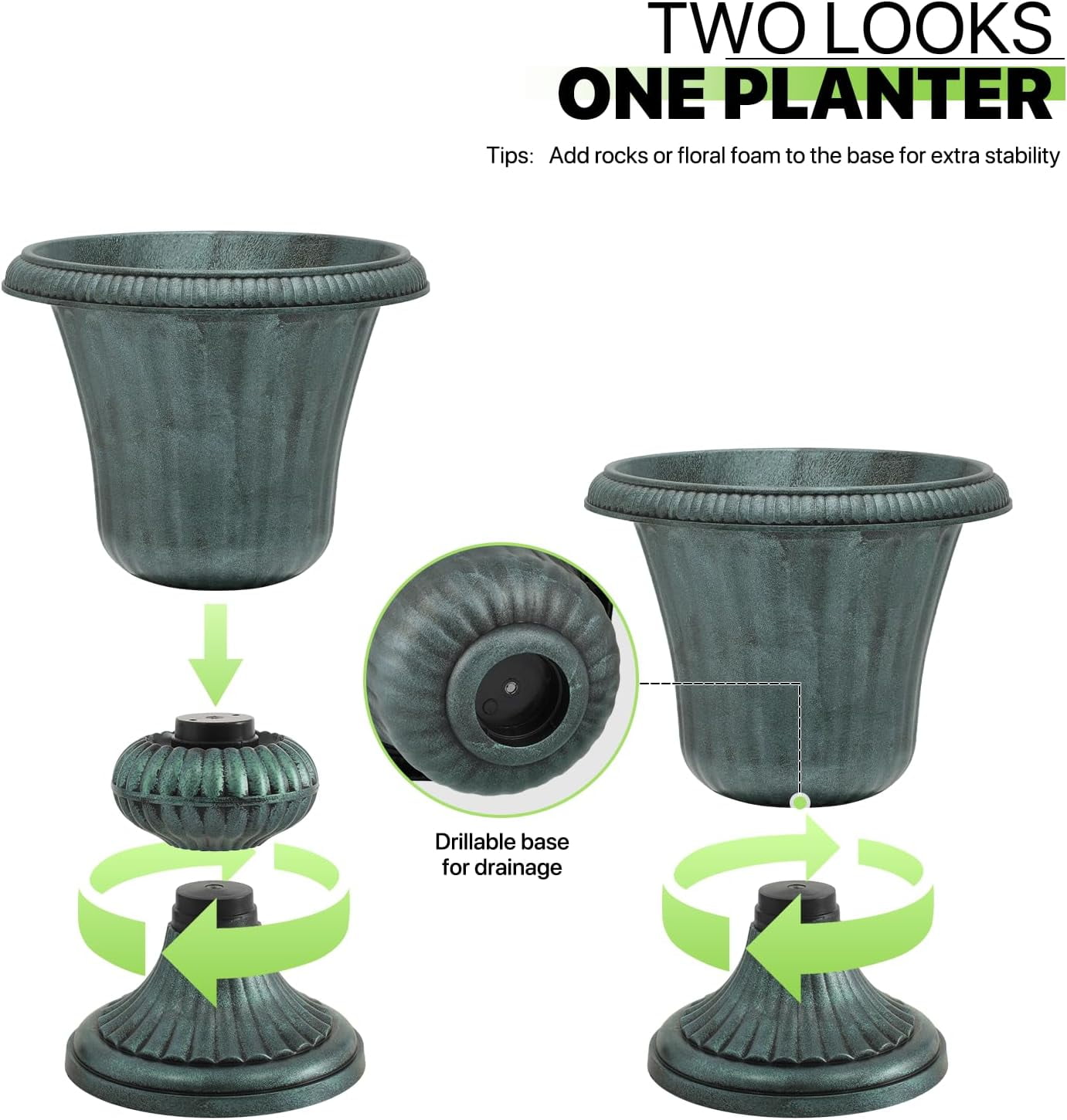WLTER 20" Urn Planter for Outdoor and Indoor Plants, Large Decorative Front Porch Planter, Vintage Grecian Flower Pot for Patio, Garden & Entryway Décor, Antique Green
