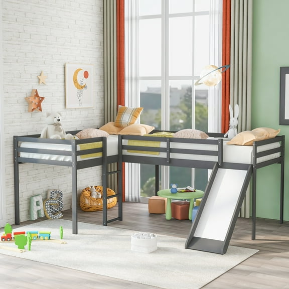Royard Oaktree L-Shaped Twin Size Loft Bed with Ladder and Slide Wood Low Loft Bed Frame with Slatt and Guardrails, Gray