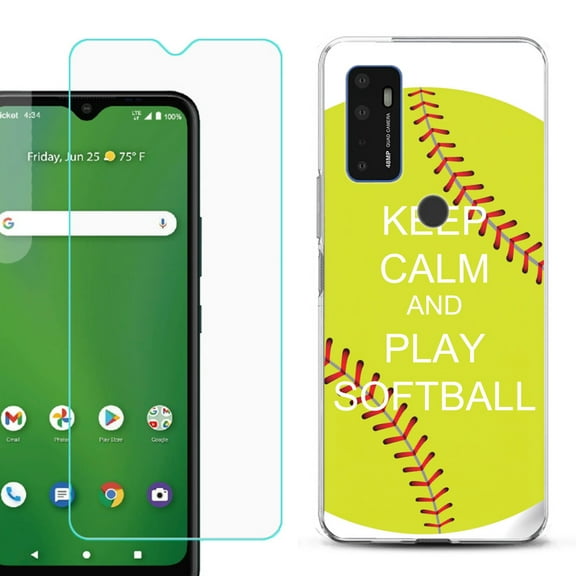Slim-Fit Gel TPU Phone Case for Cricket Dream 5G, with Tempered Glass Screen Protector, by OneToughShield ® - Keep Calm Softball