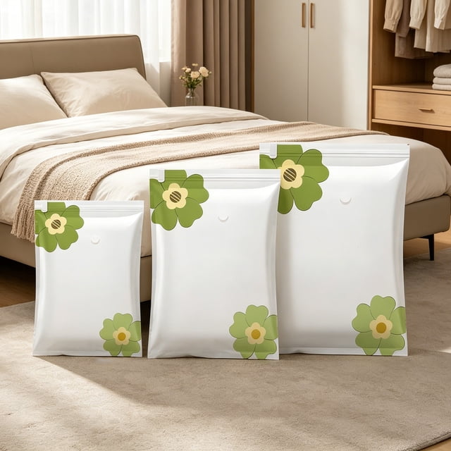 Jiaeri Vacuum Storage Bags for Clothes and Quilts,Extra Thick Compressed Storage Bags for Space Saving,Green Petal Sealable Plastic Storage Pockets for Travel and Home Organization