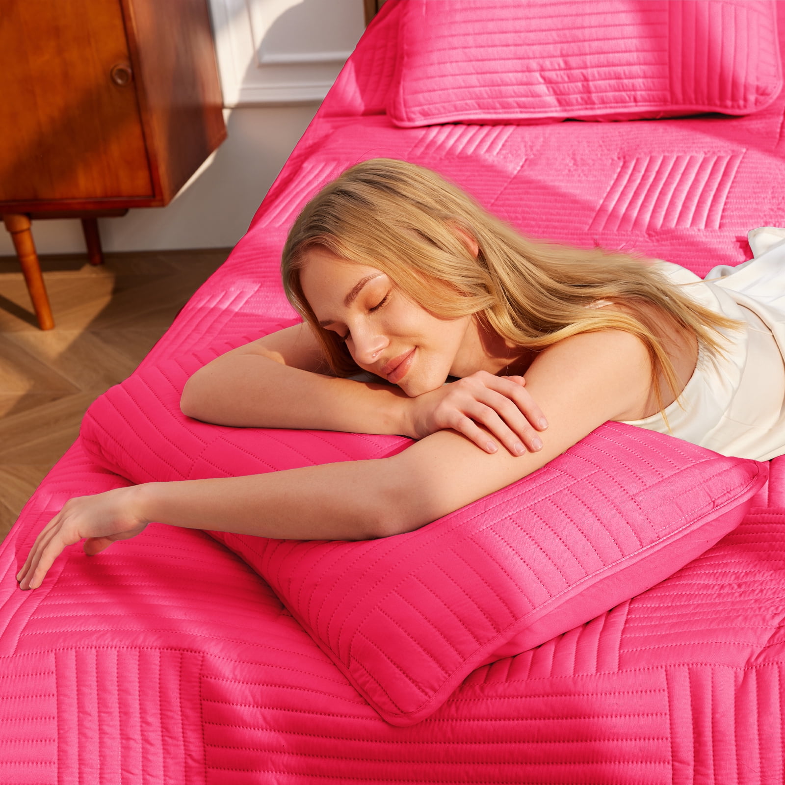 Whale Flotilla Twin Quilt Set, Soft and Lightweight Bedspreads Coverlet with Striped Pattern, Reversible Bedding Sets with Pillow Shams, 68x88 Inches, Hot Pink