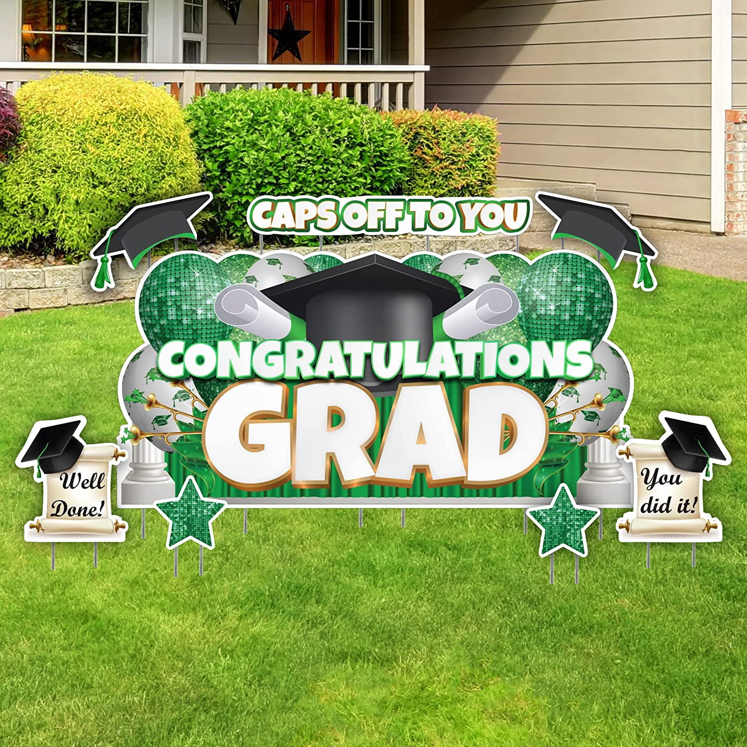VictoryStore Oversized Green Congratulations Grad, Caps Off To You EZ Yard Card Set, 8 Pieces