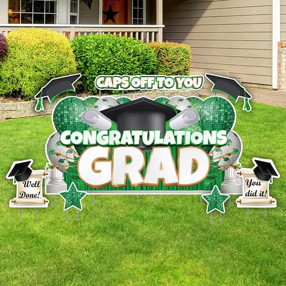 VictoryStore Oversized Green Congratulations Grad, Caps Off To You EZ Yard Card Set, 8 Pieces