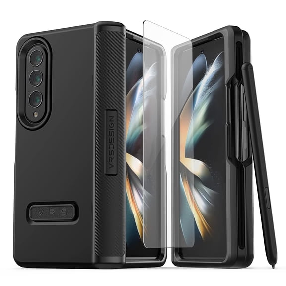 VRS Design Phone Case for Galaxy Z Fold 4 [Terra Guard Modern,S] Premium Phone Case with Anti Scratch Hinge Protector, Screen Protector & S Pen Holder (Black)