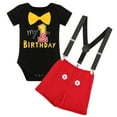 thumbnail image 4 of IBTOM CASTLE Toddler Baby Boys Mouse Cosplay Bowtie Romper + Suspenders + PP Pants + Mouse Headband 1st Birthday Outfit Halloween Cake Smash Tuxedo Clothes 9-12 Months Black + Red - My 1st Birthday, 4 of 8