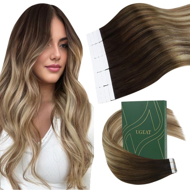 Ugeat Extensiones de cabello rubio con cinta adhesiva, extensiones de cabello humano con cinta invisible, color marrón oscuro, mezcla de marrón medio con rubio claro Balayage, longitud media, recta, p