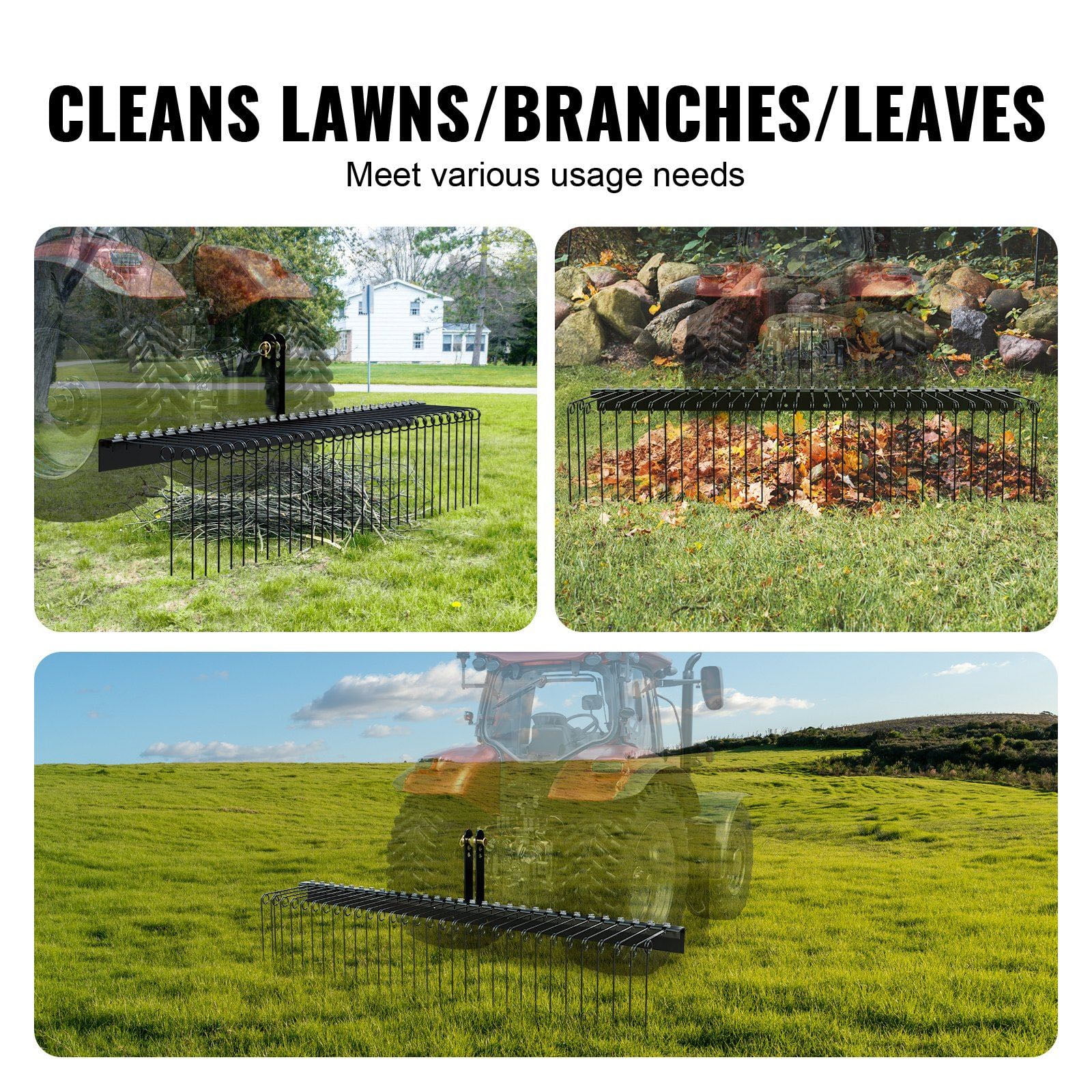 Tow Behind Landscape Rake 72 Inch - Dethatcher with 32 Steel Tines, 3-Point Hitch Compatible for Tractor, Lawn Debris Removal for Leaves, Straw & Pine Needles