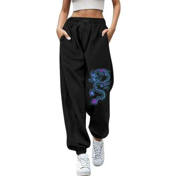 Hpapadks Casual Pants for Women Elasticized High Waist Wide Leg Dragon Print Sweatpants with Drawstring Womens Slacks Blue L