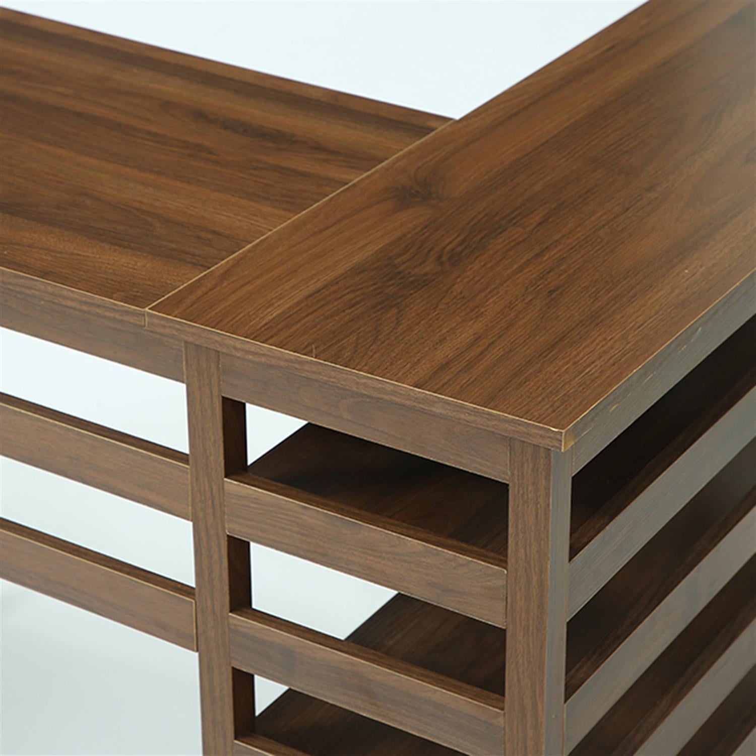 Demi Bonn L-Shaped Executive Desk, 53" Corner Office Desk with 4-Tier Storage Shelf for Home Living Room, Office, Brown