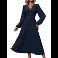 thumbnail image 2 of Vestidos Largos Bohemios de Otoño para Mujer, con Cuello en V, Lunares, Cintura Alta, Corte A y Volantes, para Vacaciones. Azul Marino XL, 2 of 7