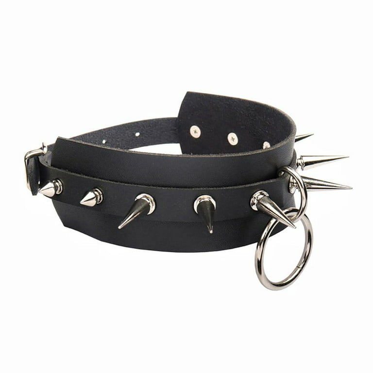 ADVEN Women Men PU Leather Spike Rivet Stud Collar Choker Necklace Big  O-ring Punk Rock Gothic Chokers Adjustable Clavicle Chain