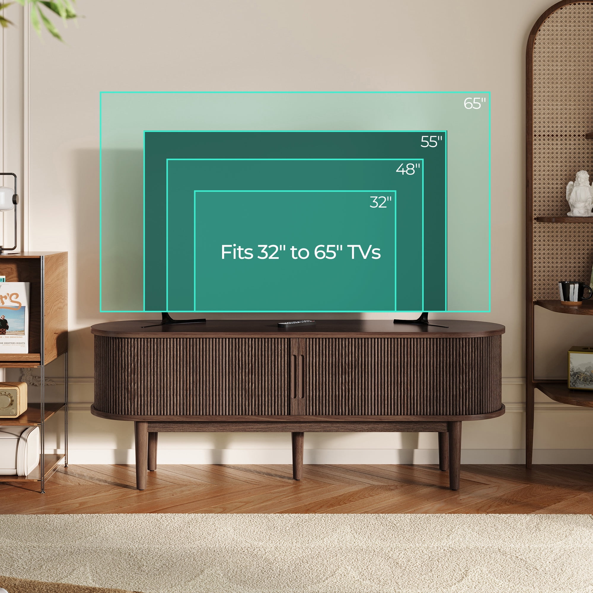 LINSY HOME Fluted TV Stand for TVs up to 65", Mid-Century Home Entertainment Center with Sliding Tambour Door and Adjustable Shelves, Walnut