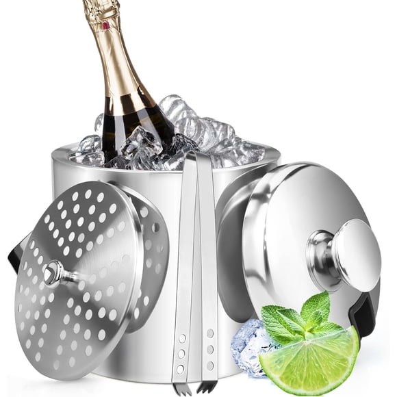 Seau à Glace, Seau à Glace en Acier Inoxydable Rond Petit Seau à Bière, Outils de Bar Pastille de Glace Support à Glace Seau à Champagne avec Poignée de Transport Portable Pince à Glace et Couvercle