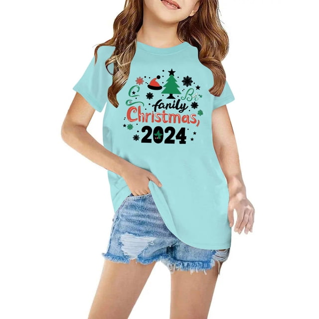Fiudx Blusa con Estampado Navideño, Camisa de Mezcla de Poliéster Suave, Blusa con Mangas Abullonadas, Moda de Verano para Niñas, Ropa Informal, Regalo para Fiestas, de 3 a 14 Años, Material Transpir