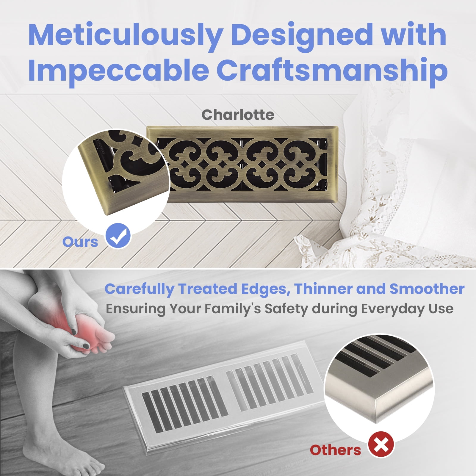 4x12 Inches Heavy Duty Walkable Floor Register Easy Adjust Air Supply Lever Vents - Charlotte Design - Vent Cover for Home Floor - Antique Brass