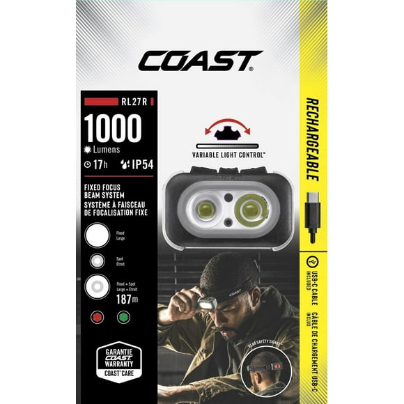 COAST RL27R Rechargeable Plus Rear Loading 1000 Lumens Tri-Color LED Headlamp