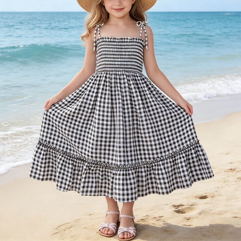 cute casual flowy dress NAISIBABY Girls Summer Sundress, Plaid Prints Ruffles Flowy Lace-Up Strap Cute Casual Maxi Dress Red Size 6