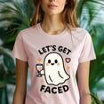 thumbnail image 5 of Let’s Get Faced Graphic Tee Funny Ghost Wine Cartoon Shirt, Heliconia, Size S, 5 of 6